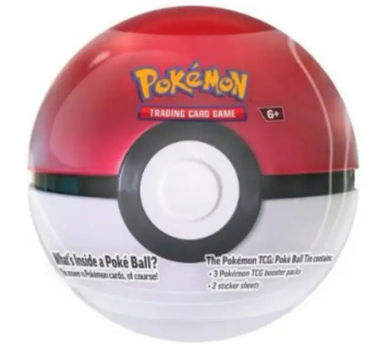 Metallic red and white Poké Ball sealed tin for Pokémon TCG Poke trading cards