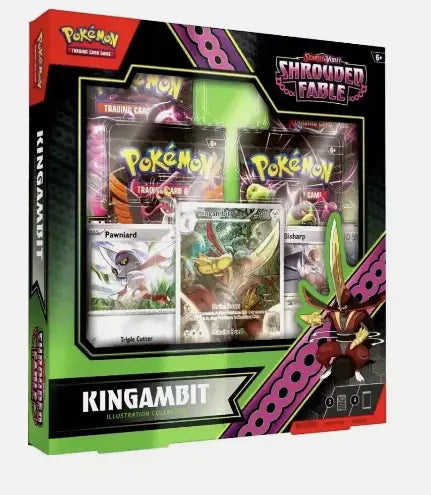 Pokémon TCG Shrouded Fable Kingambit Collection Box with foil cards featuring Pawniard