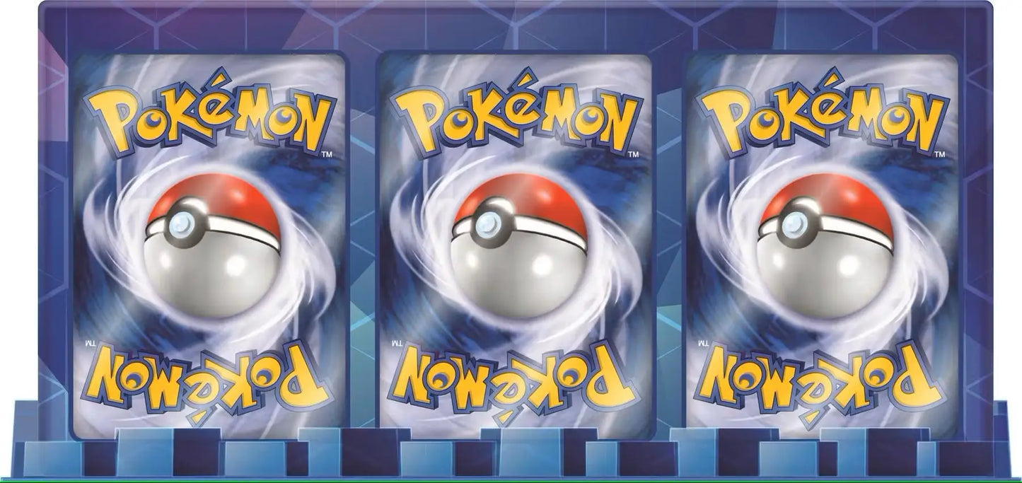 Three Pokémon trading card backs with iconic Pokeball design from Ultra-Premium Collection Box