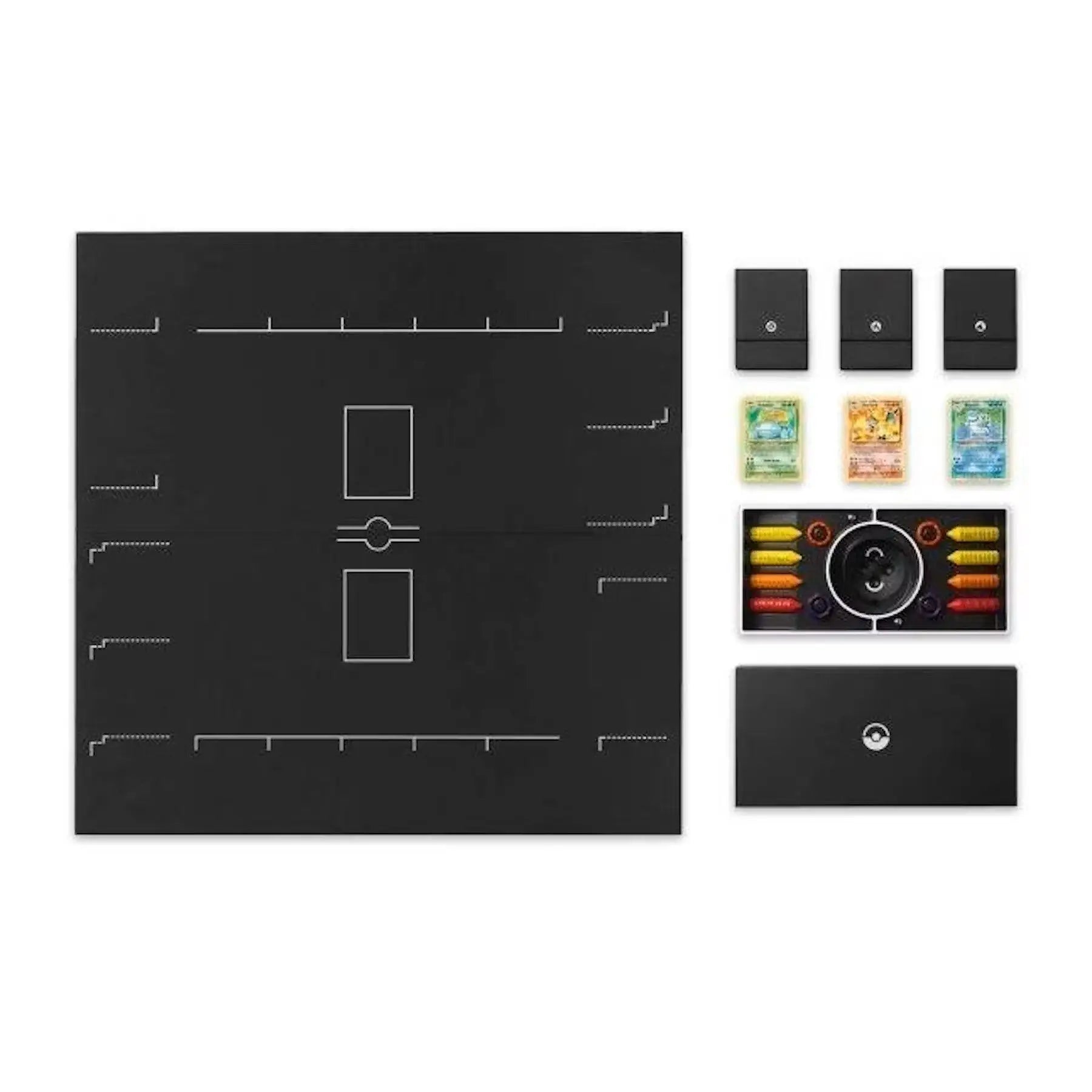 Black game board with white markings and components for Pokemon Trading Card Game Classic