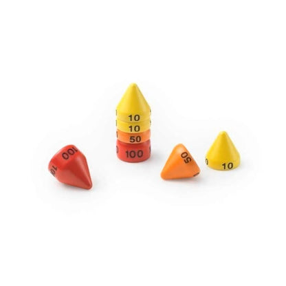 Colorful cone-shaped fishing sinkers in red, orange, and yellow for Pokemon Trading Card Game