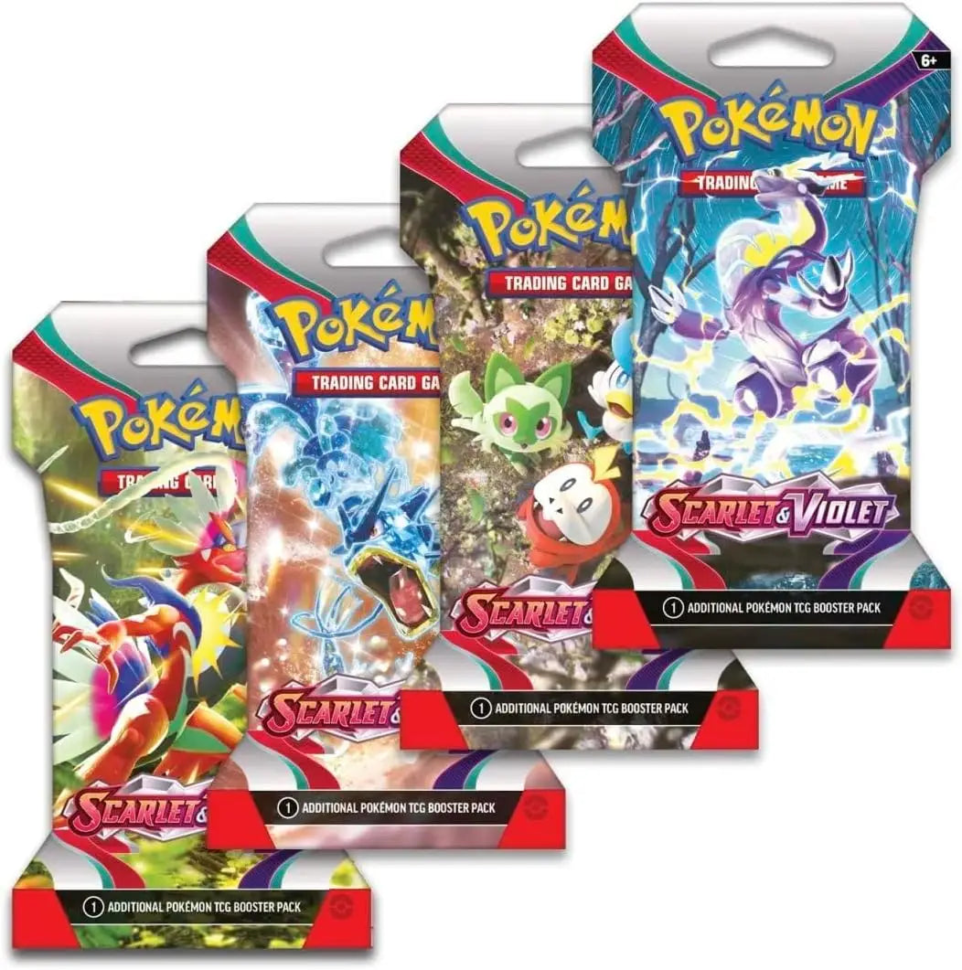 Four Pokémon Trading Card Game Scarlet & Violet booster packs with varied artwork