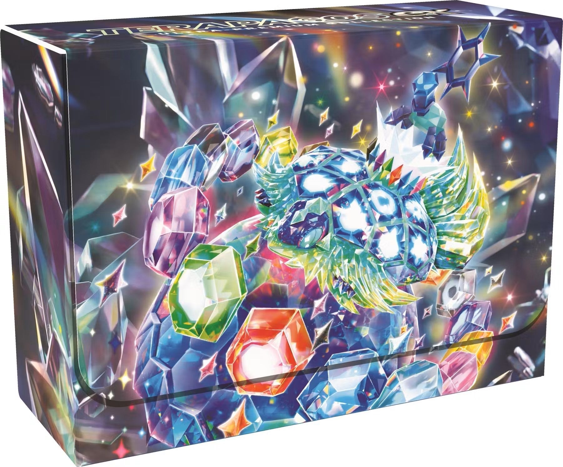 Colorful holographic Dragon trading card storage box from Pokemon Terapagos ex Ultra-Premium Collection Box