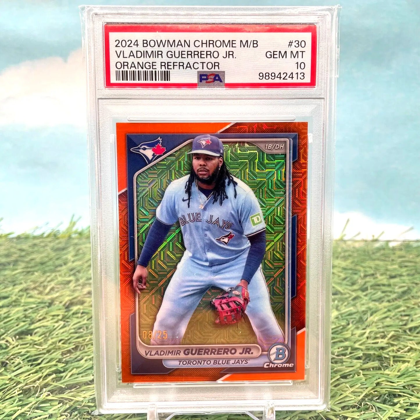 Graded Vladimir Guerrero Jr. baseball card, 2024 Bowman Chrome Orange Refractor RC #/25 PSA 10