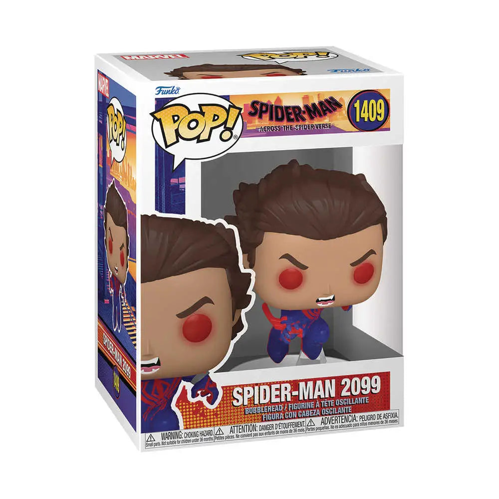 Funko Pop Marvel Spider-Man 2099 vinyl figure with glowing red eyes in blue and red costume