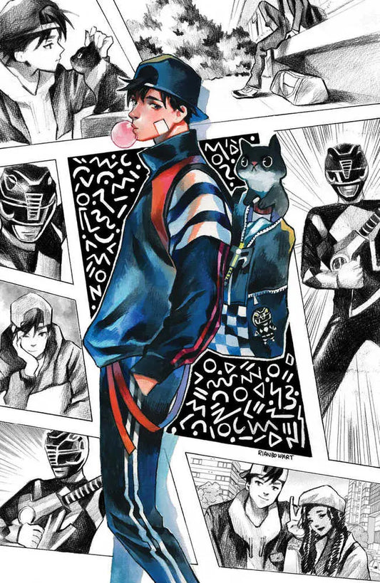 Manga-style character in blue and red tracksuit, featured in Power Rangers #17 trading cards