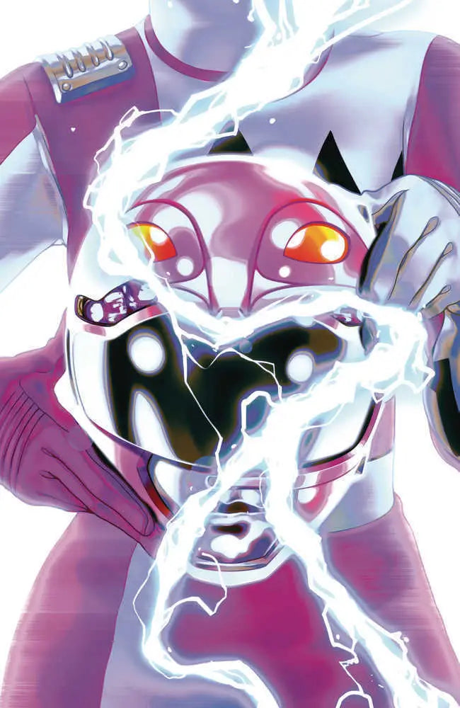 Pink and white robot figure crackles with electric energy in Power Rangers Morphin Masters trading card