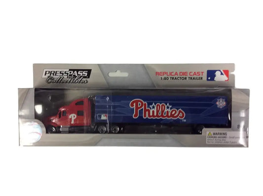 Toy tractor trailer truck with Philadelphia Phillies branding ideal for baseball cards collectors