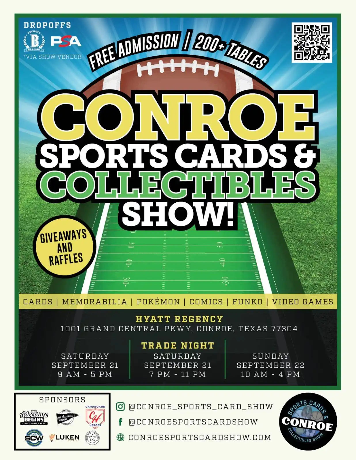 Promotional flyer for a sports cards and collectibles show in Conroe, Texas.