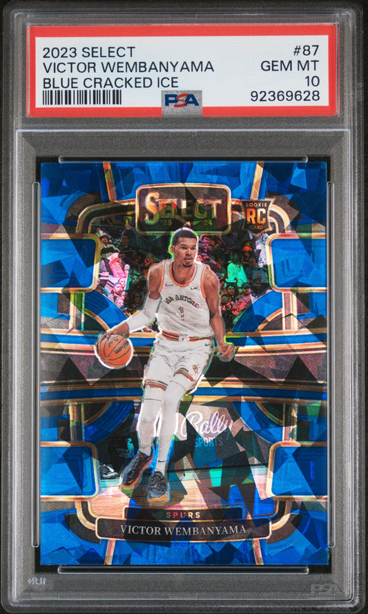 Victor Wembanyama 2023 Panini Select #87 Blue Cracked Ice PSA 10 Gem Mint basketball card