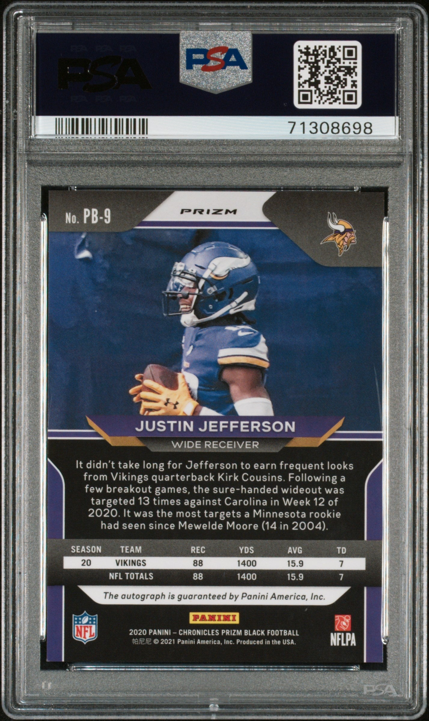 PSA-graded Justin Jefferson 2020 Panini Chronicles Prizm Black Auto NFL trading card