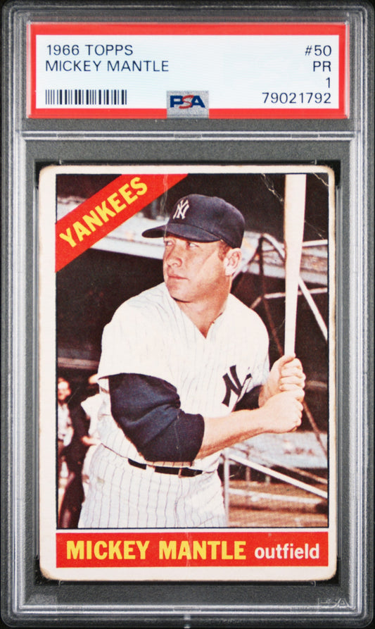 PSA-graded 1966 Topps Mickey Mantle baseball card #50 in protective case for collectors