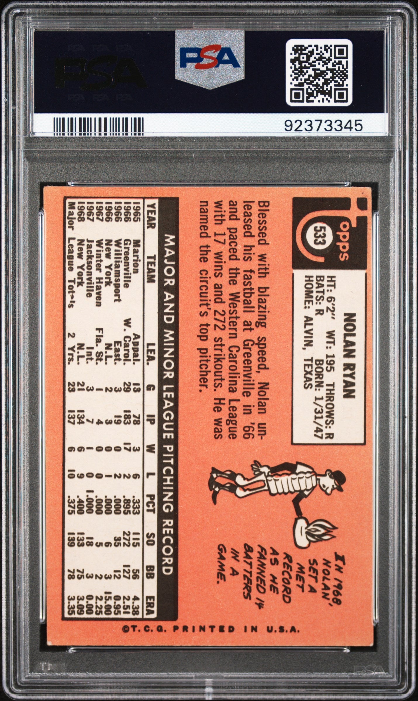 Nolan Ryan 1969 Topps #533 PSA 5 baseball card with player stats on an orange background