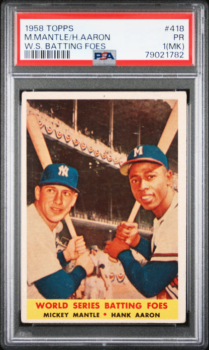 Mickey Mantle Hank Aaron 1958 Topps baseball card in PSA graded case featuring World Series foes