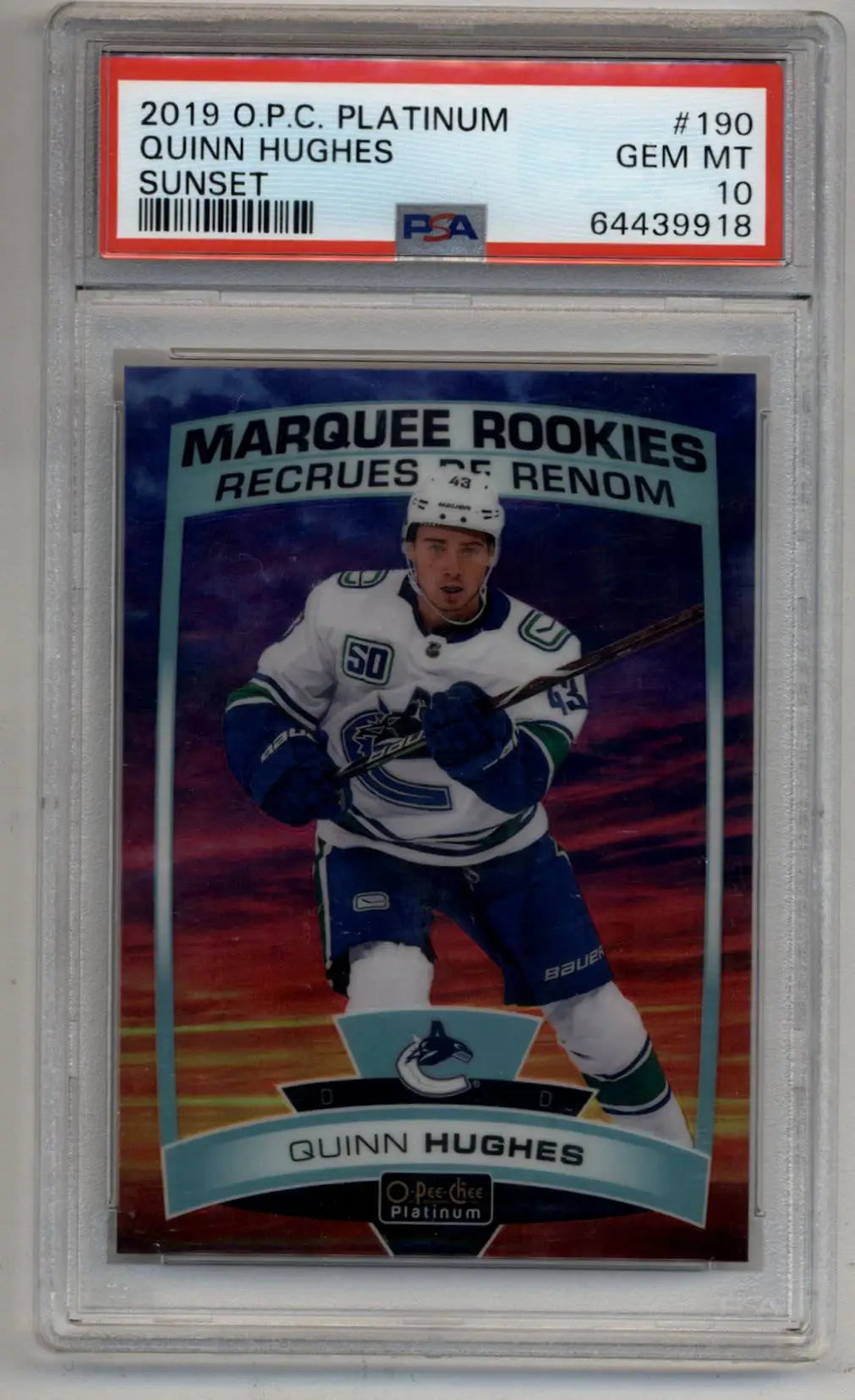 Quinn Hughes 2019-20 O-Pee-Chee Platinum Sunset PSA 10 Gem Mint hockey card display