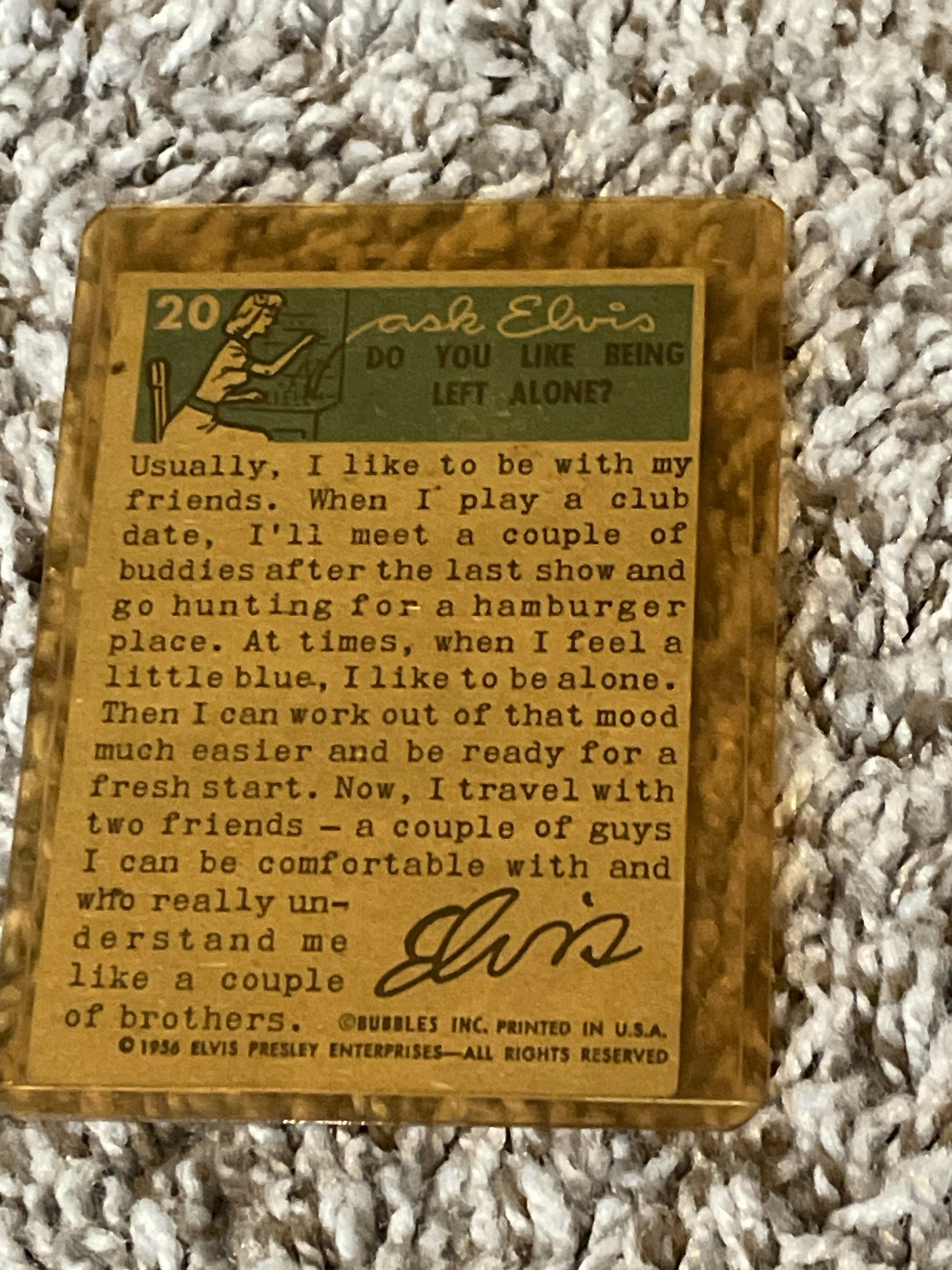 Handwritten note on weathered card in 1956 Topps Elvis Presley trading cards