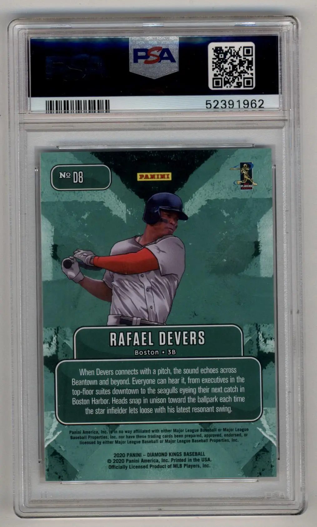 PSA-graded Rafael Devers Diamond Kings Downtown trading card with teal back design