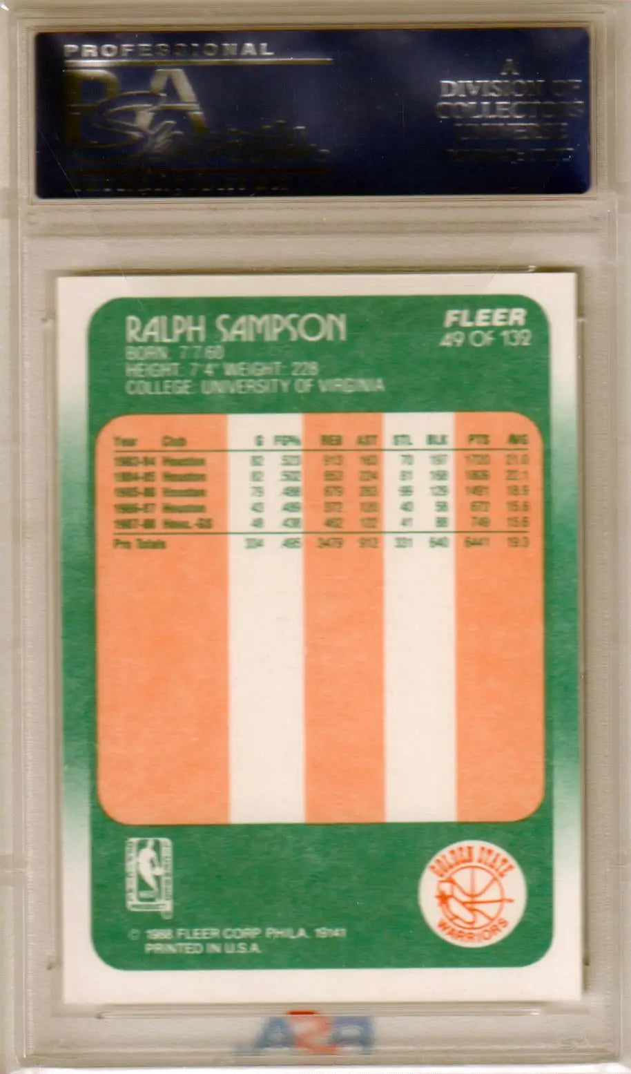 Ralph Sampson 1988-89 Fleer card with player stats in green and orange for GEM Mint Warriors