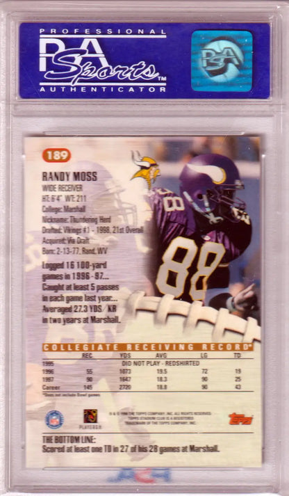 PSA-authenticated Randy Moss 1998 Topps Stadium Club RC trading card in action