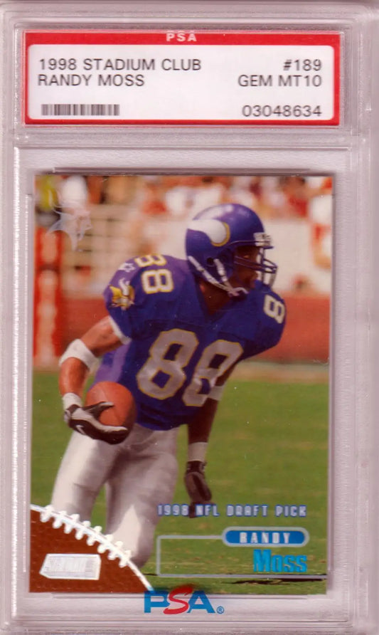 PSA-graded Randy Moss 1998 Stadium Club Rookie trading card in protective case