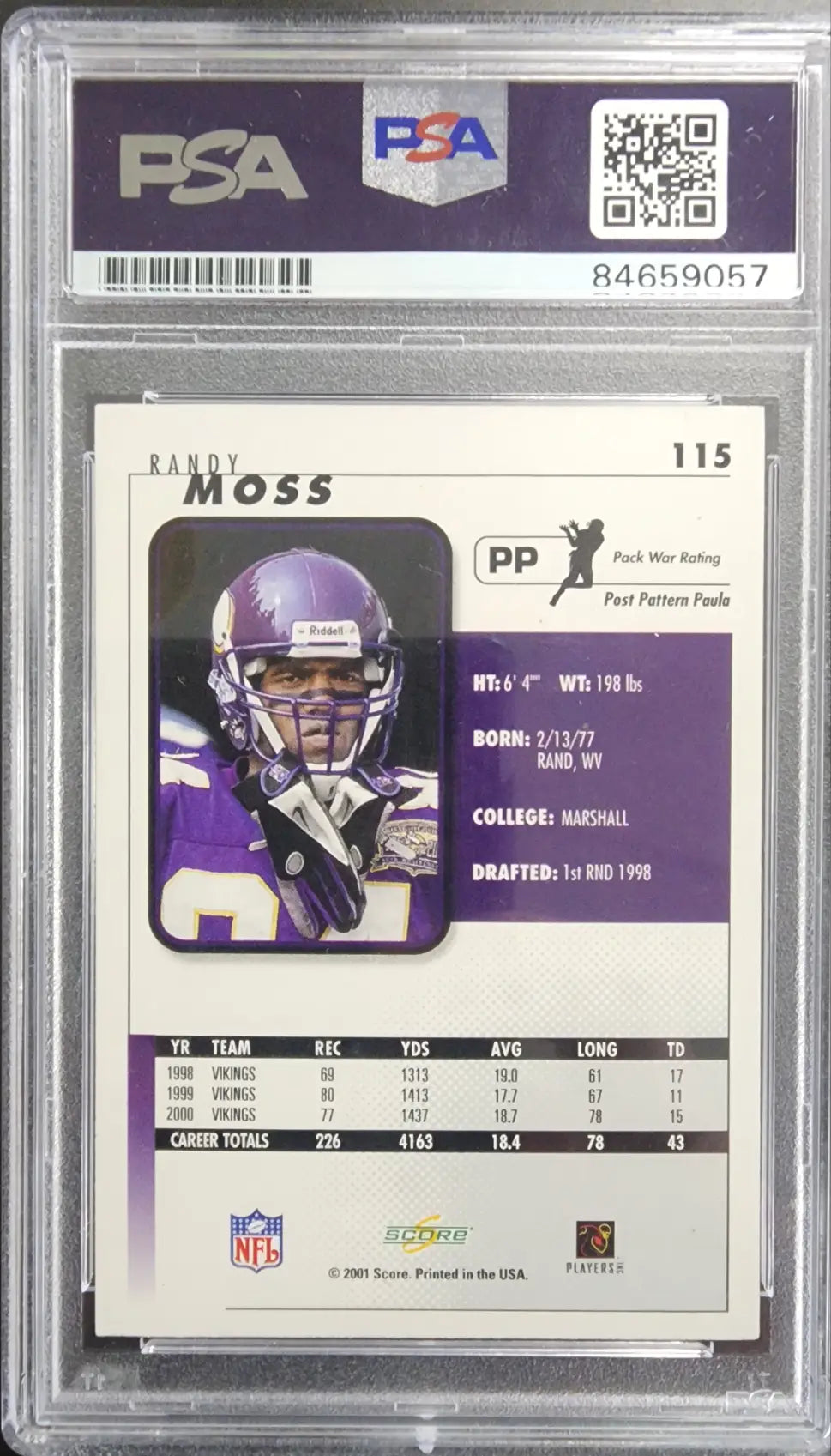 PSA-graded Randy Moss 2001 Score Football PSA Authentic Auto with purple Vikings helmet