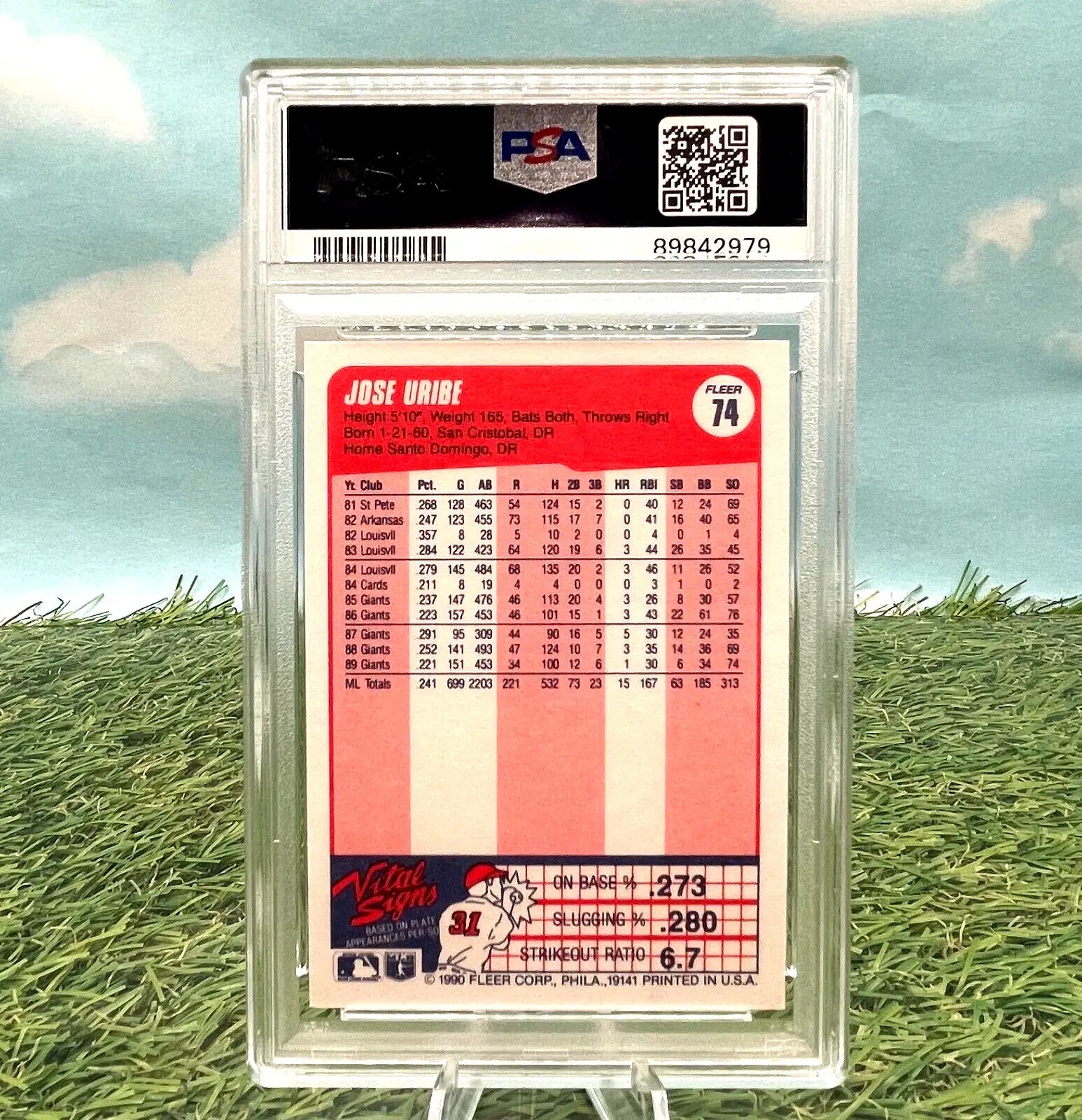 Graded Jose Uribe baseball card, PSA 9 Mint 1990 Fleer featuring San Francisco Giants player