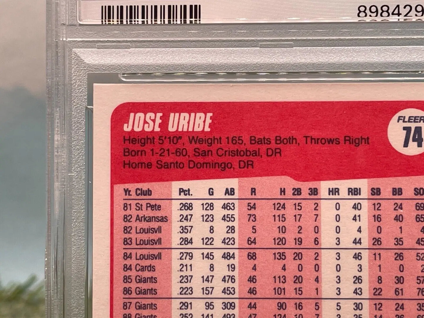 Rare PSA 9 Mint 1990 Fleer Jose Uribe trading card with statistics and error birth date