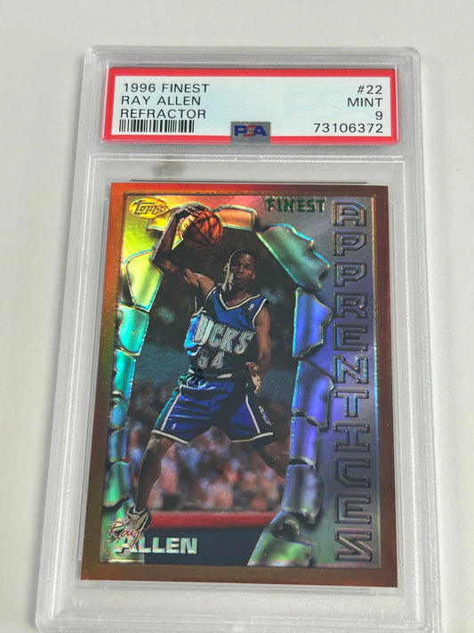 PSA-graded Ray Allen 1996 Topps Finest Refractor basketball card in blue uniform