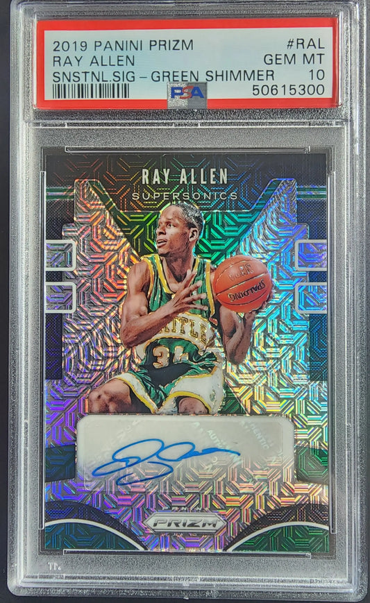 PSA-graded Ray Allen 2019 Prizm Sensational Signatures Green Shimmer Auto in case