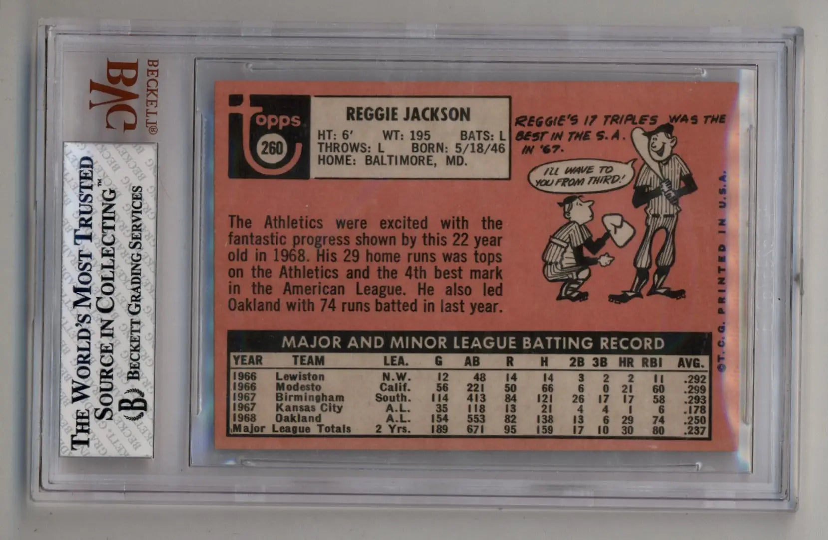 Pink vintage Reggie Jackson baseball card with statistics in protective holder