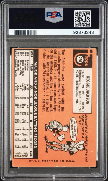 PSA-graded Reggie Jackson 1969 Topps #260 baseball card with orange back and cartoons