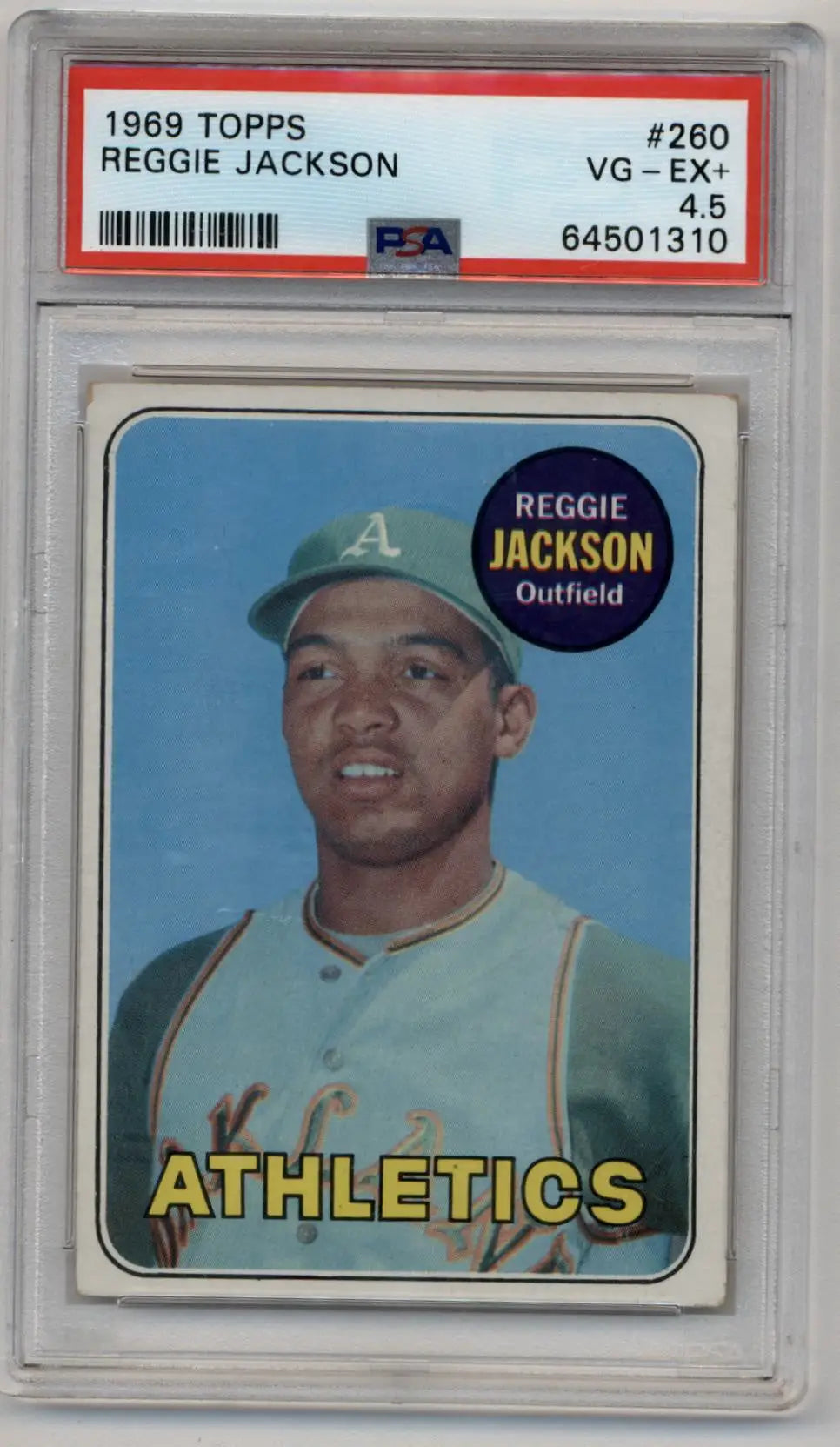 PSA-graded 1969 Topps Reggie Jackson baseball card in protective case for collectors