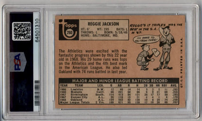 Vintage Reggie Jackson trading card displaying stats in protective holder