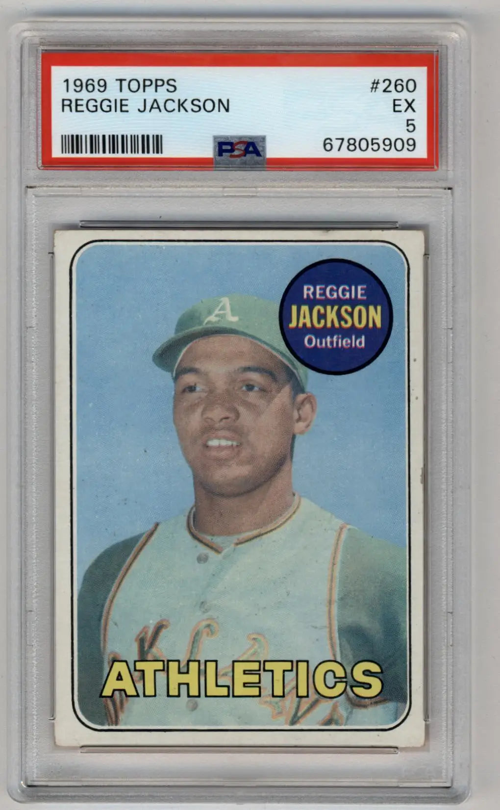 PSA-graded 1969 Topps Reggie Jackson baseball card in protective case for collectors