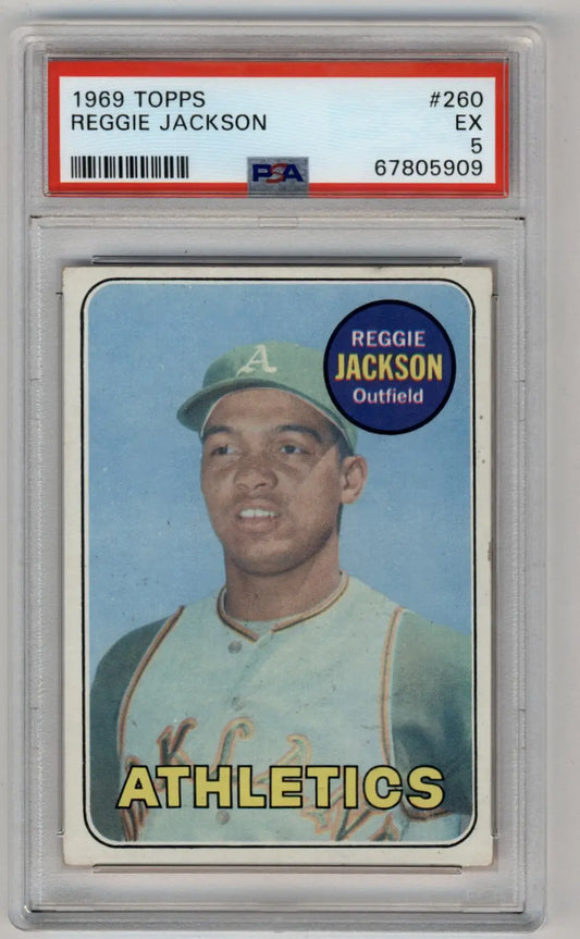 PSA-graded 1969 Topps Reggie Jackson baseball card in protective case for collectors