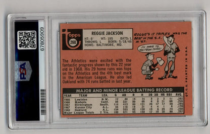 Vintage Reggie Jackson trading card with stats and cartoon on orange background