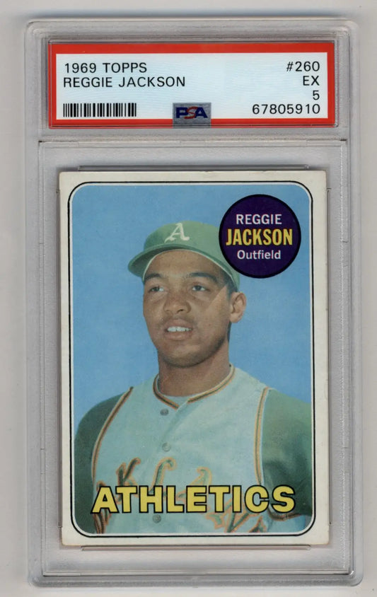 PSA-graded 1969 Topps Reggie Jackson baseball card in protective case for collectors