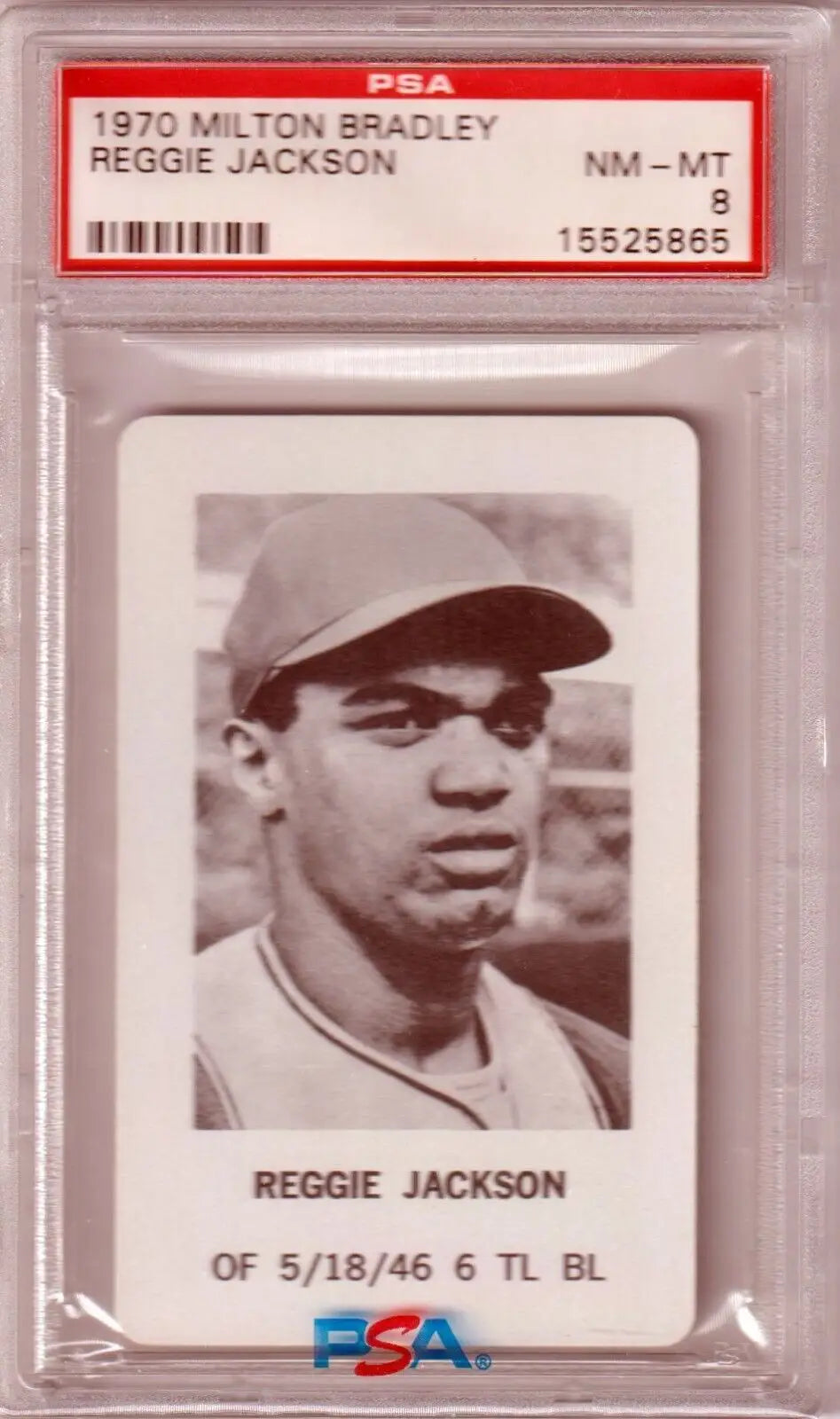 PSA-graded 1970 Milton Bradley Reggie Jackson baseball card in protective case, Columbia Hobby