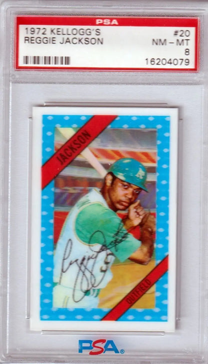 PSA 8 NM-MT Reggie Jackson 1972 Kellogg’s baseball card, green jersey, turquoise cap, Columbia Hobby