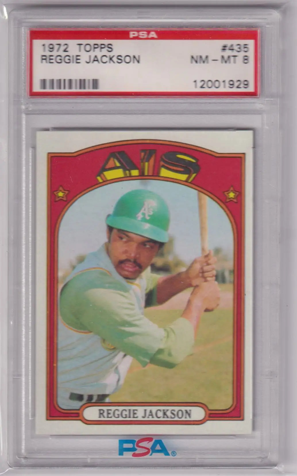 PSA-graded 1972 Topps baseball card of Reggie Jackson in A’s uniform and batting stance