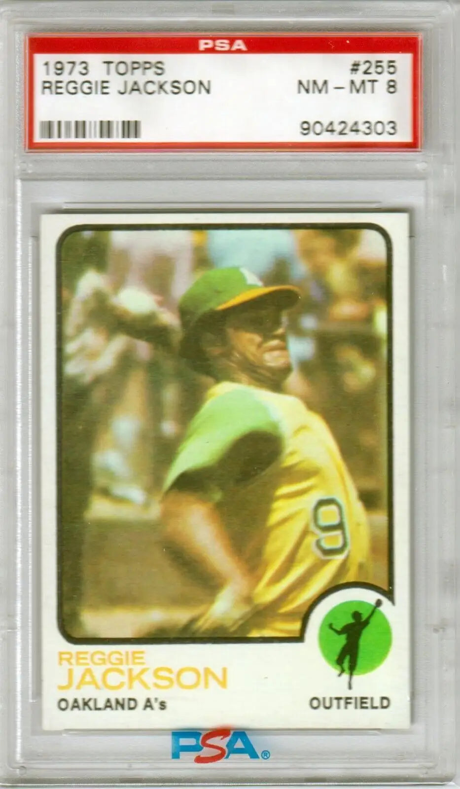 Reggie Jackson 1973 Topps #255 PSA 8 NM-MT in case, Oakland A’s outfielder, Columbia Hobby