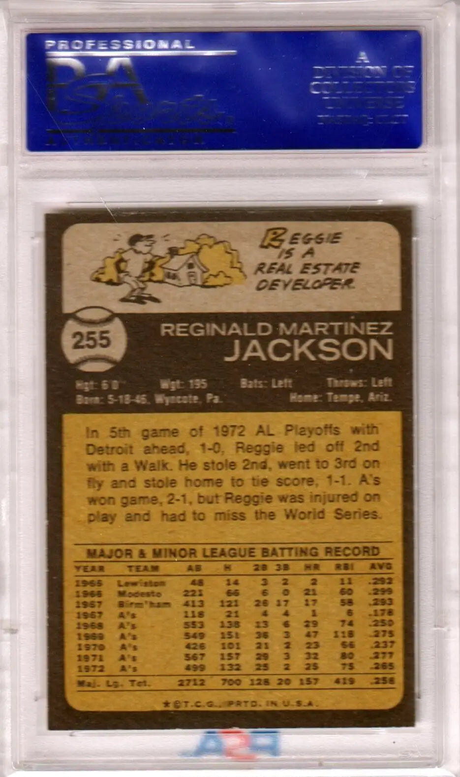 Reggie Jackson 1973 Topps #255 baseball card featuring statistics and biographical info