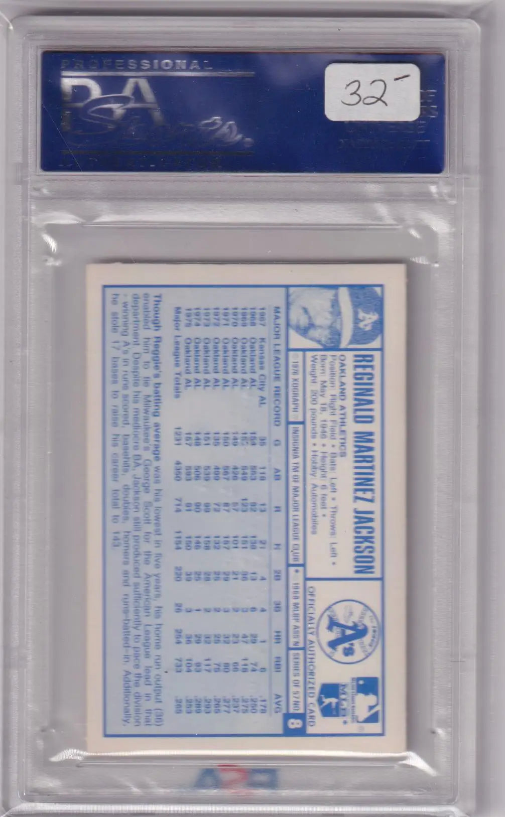 PSA-graded Reggie Jackson baseball card back in protective holder with statistics