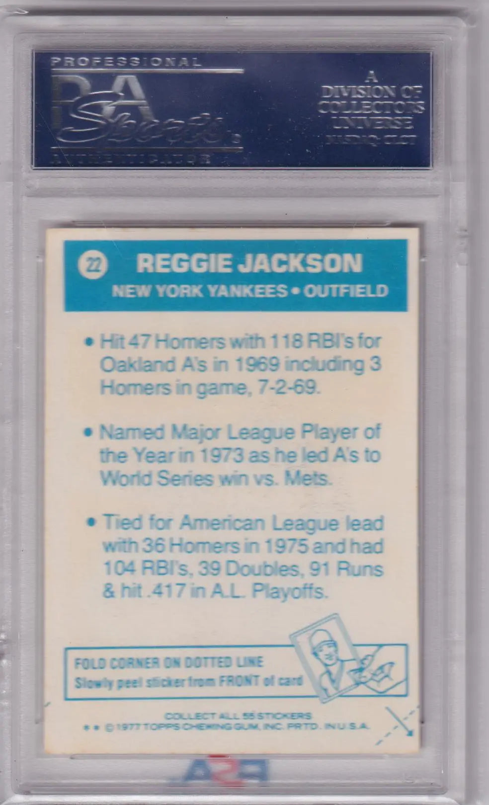 Reggie Jackson 1977 Topps Cloth Stickers card featuring statistics and career highlights