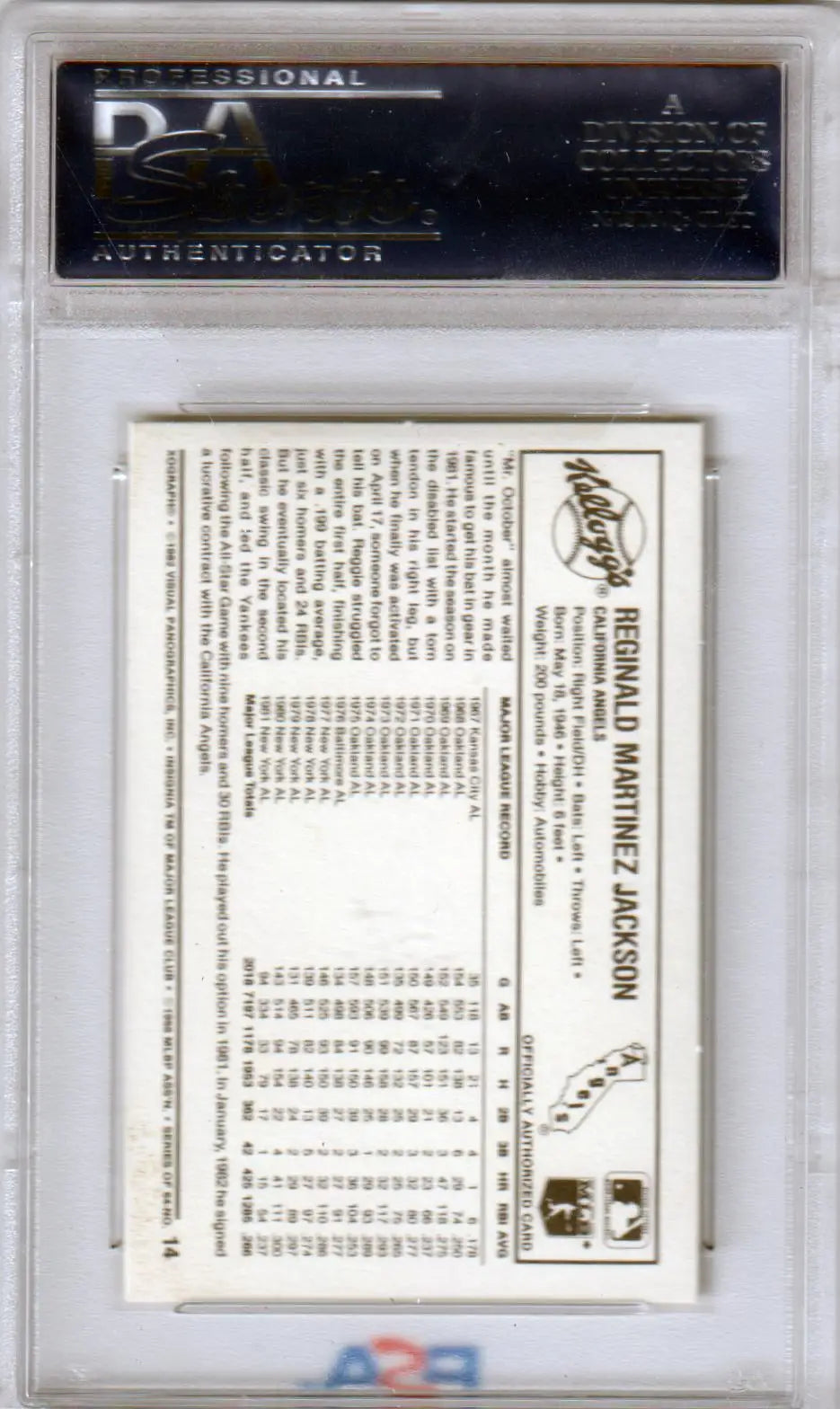 PSA-graded back view of Reggie Jackson 1982 Kellogg’s Super Stars trading card