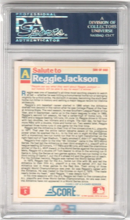 PSA-graded baseball card back of 1988 Score Salute to Reggie Jackson single cards from Columbia Hobby