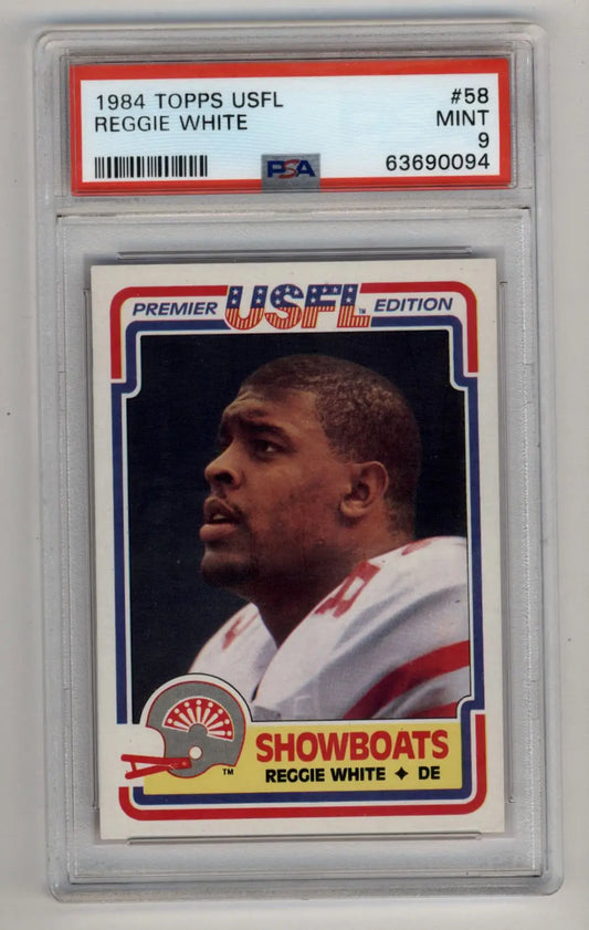 PSA-graded 1984 Topps USFL Reggie White rookie card in protective case, XRC PSA 9 Mint