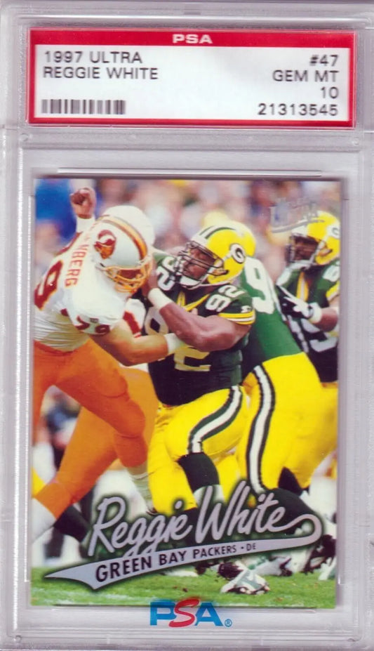 PSA 10 GEM MINT Reggie White 1997 Fleer Ultra football card featuring Packers in action