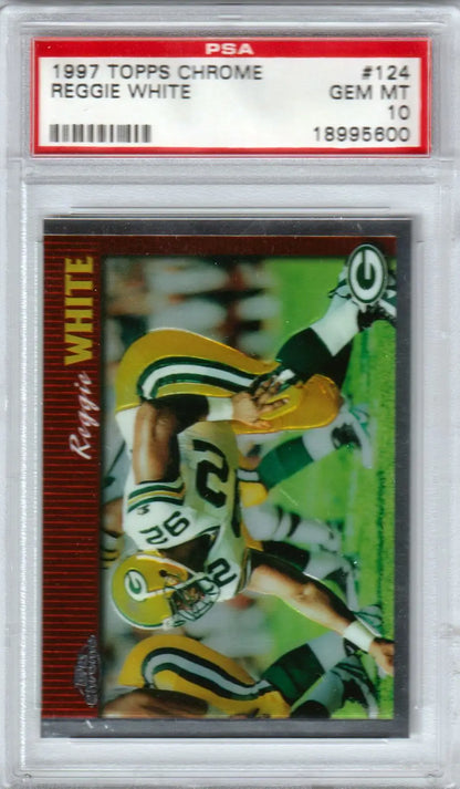 PSA-graded Reggie White 1997 Topps Chrome football card in protective case by Columbia Hobby