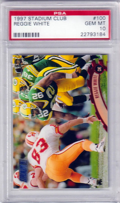 PSA-graded 1997 Topps Stadium Club football card of Reggie White in protective case